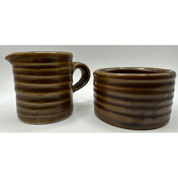 Vintage Hall Ringware Pottery Sugar & Creamer Set Brown Coffee Tea Marked USA - Picture 2 of 5